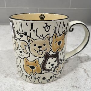 Hand Painted DINKY DOGS Dog Faces Embossed 21oz Coffee Mug White Black Yellow